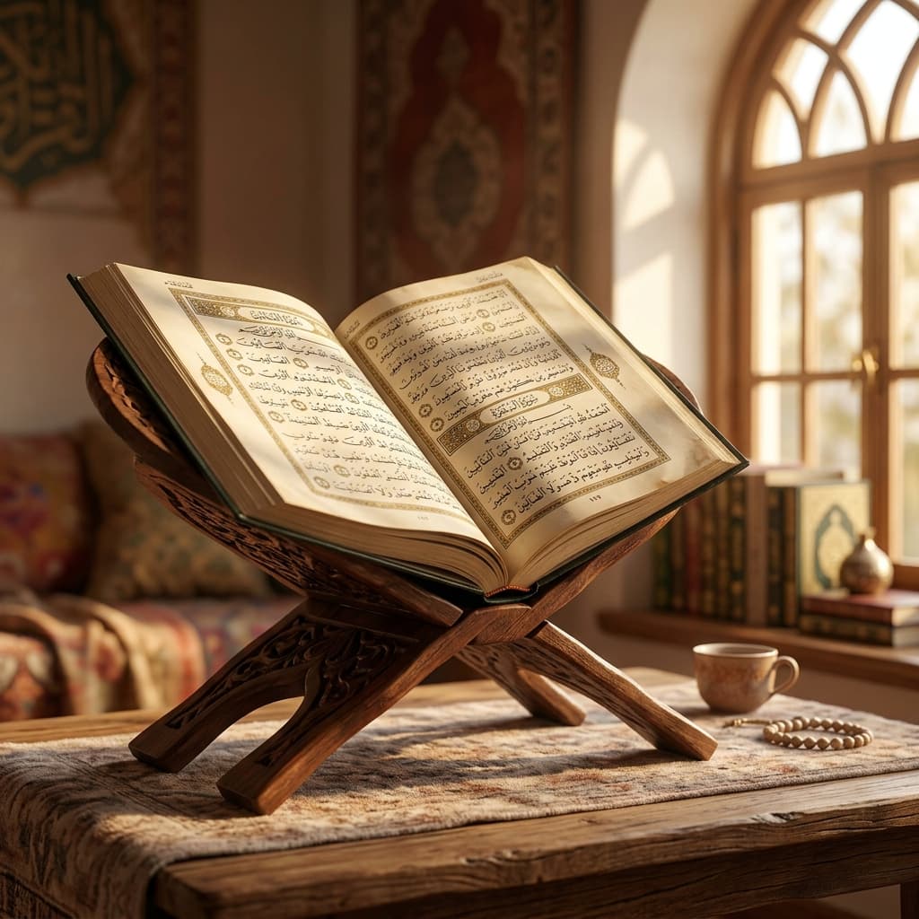 The Holy Quran with Tasbih on wooden stand