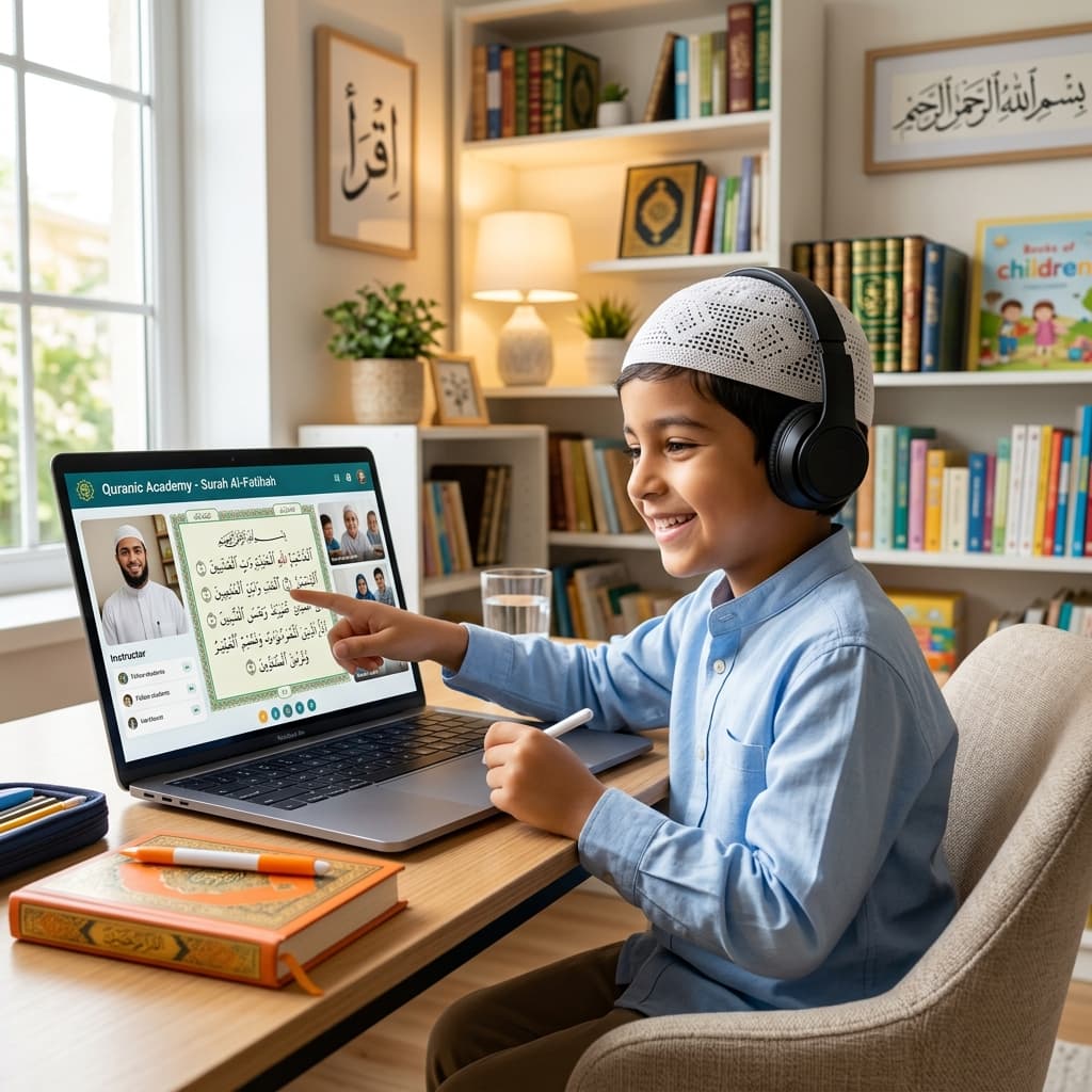 Children happily learning Quran on computer in online classroom