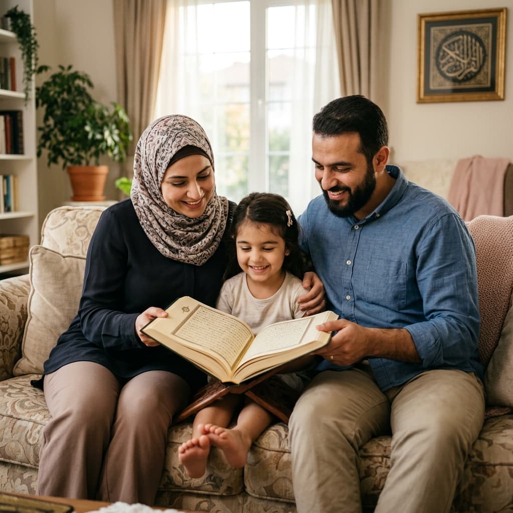Muslim family learning Quran together online from home with expert tutors