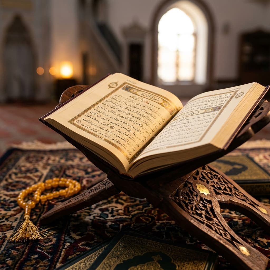 Young student reading Quran during interactive online class