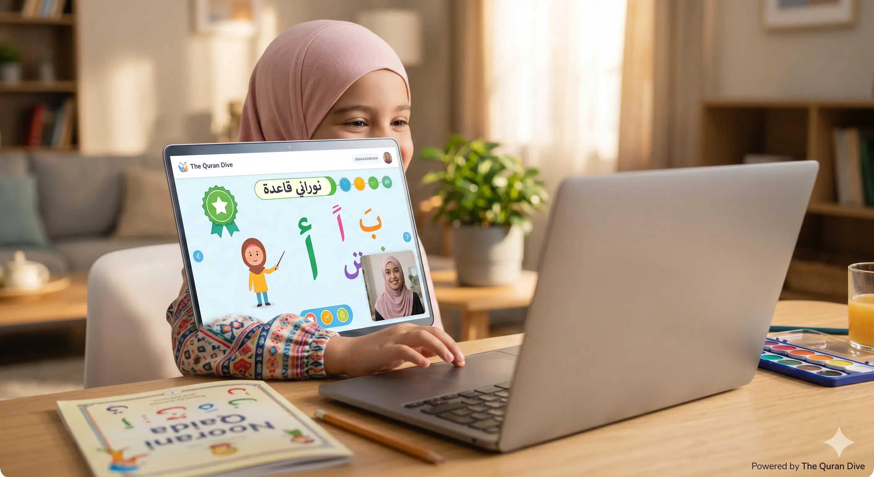 Child learning Noorani Qaida online with an interactive digital interface